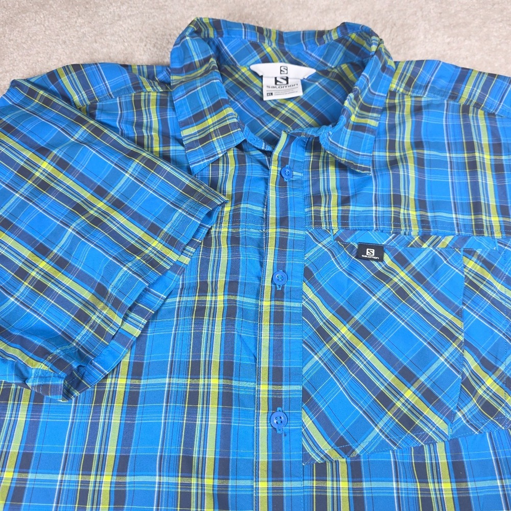 Salomon Shirt Mens XL Blue Plaid Collared Short‎ Sleeve Button-Up Outdoor Pocket